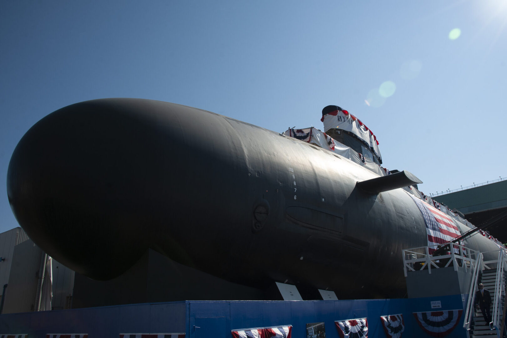 GROTON, Conn. (July 31, 2021) – The pre-commissioning unit (PCU) Hyman G. Rickover (SSN 795) seen prior to a christening ceremony at General Dynamics Electric Boat shipyard facility in Groton, Conn., July 31, 2021. Rickover and crew will operate under Submarine Squadron (SUBRON) FOUR whose primary mission is to provide attack submarines that are ready, willing, and able to meet the unique challenges of undersea combat and deployed operations in unforgiving environments across the globe. (U.S. Navy photo by John Narewski/RELEASED)