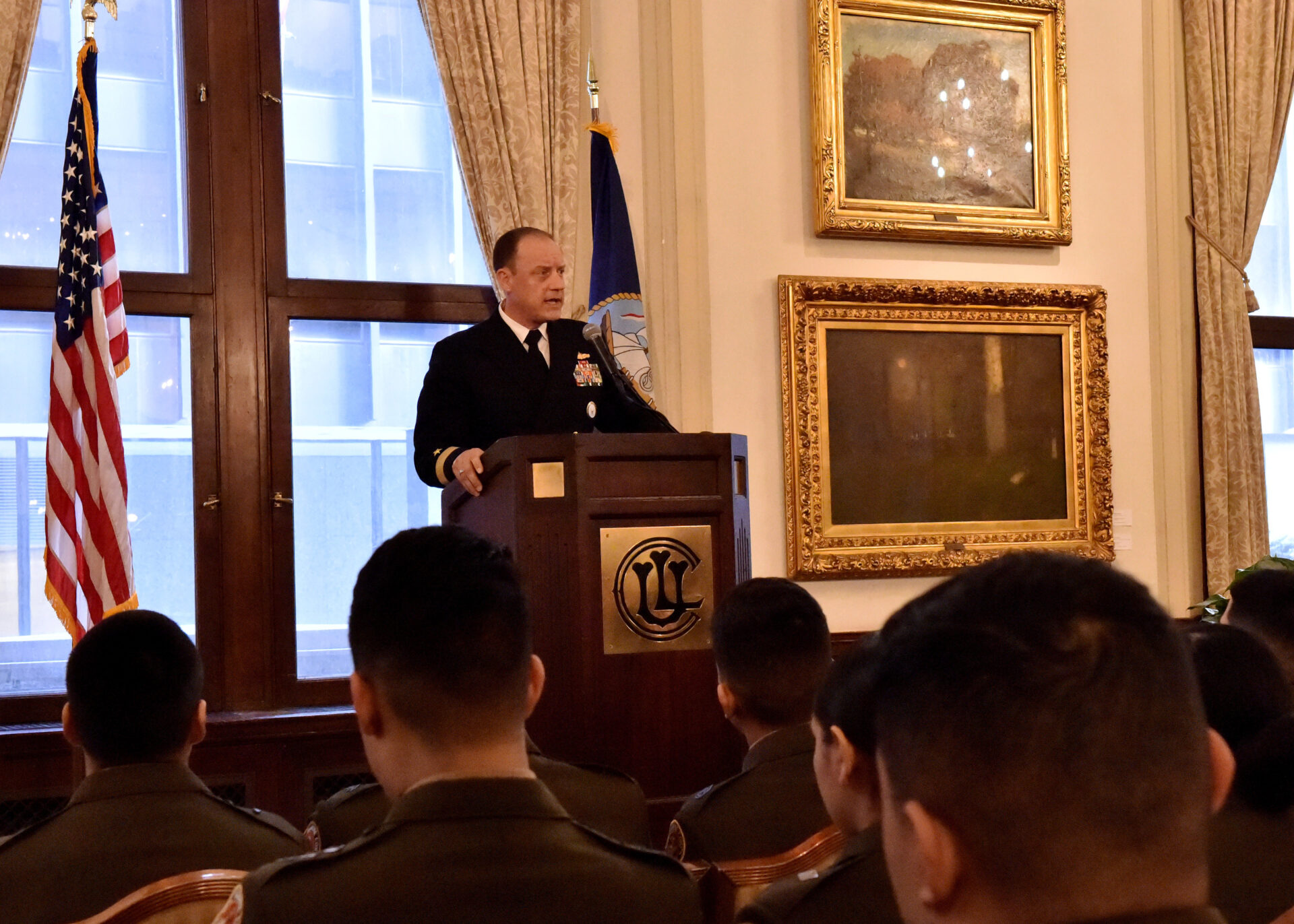 200228-N-KV163-1039 
CHICAGO (Feb. 28, 2020) Rear Adm. Robert Nowakowski, deputy commander, of Navy Recruiting Command, addresses Junior ROTC cadets from the Admiral Hyman G. Rickover Naval Academy after a breakfast at the Union League Club of Chicago. The speech and Nowakowski’s presence are part of Navy Recruiting Command’s Swarm Chicago evolution. Navy Recruiting Command consists of a command headquarters, two Navy Recruiting Regions, 15 Navy Recruiting Districts and 11 Navy Talent Acquisition Groups that serve more than 815 recruiting stations across the world. Their combined goal is to attract the highest quality candidates to assure the ongoing success of America's Navy. (Navy photo by Mass Communication Specialist 1st Class John Sorensen/Released)